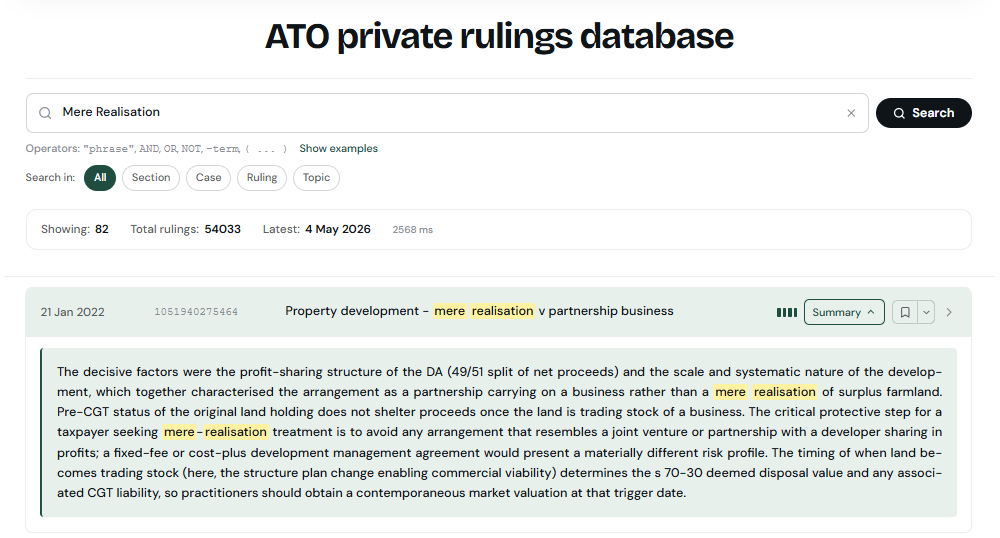 Search results page showing ranked rulings with structured summary previews.
